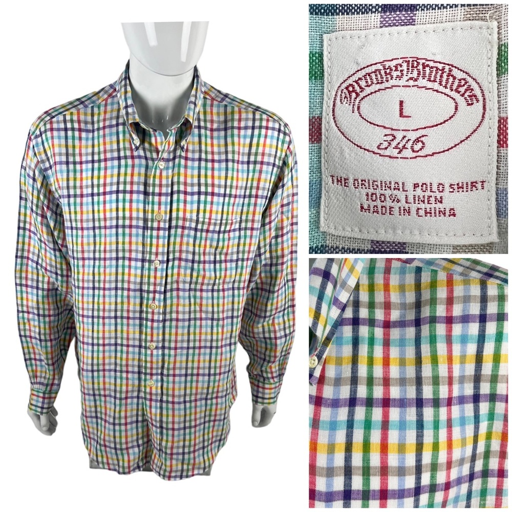 Brooks Brothers Mens Large Shirt Button 100% Linen Pocket Casual Multicolor EUC
